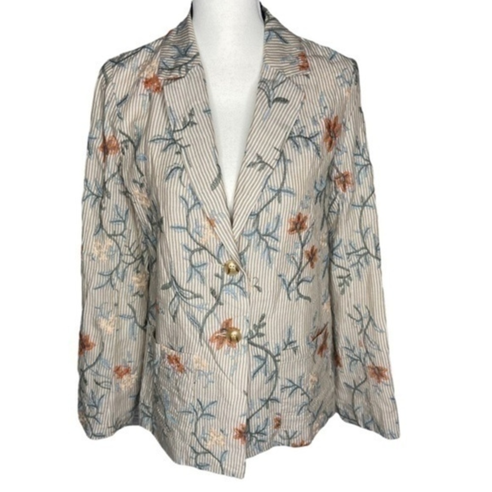 Anthropologie Harlan Sally Blazer Jacket Embroidered Flowers Striped Size XS
